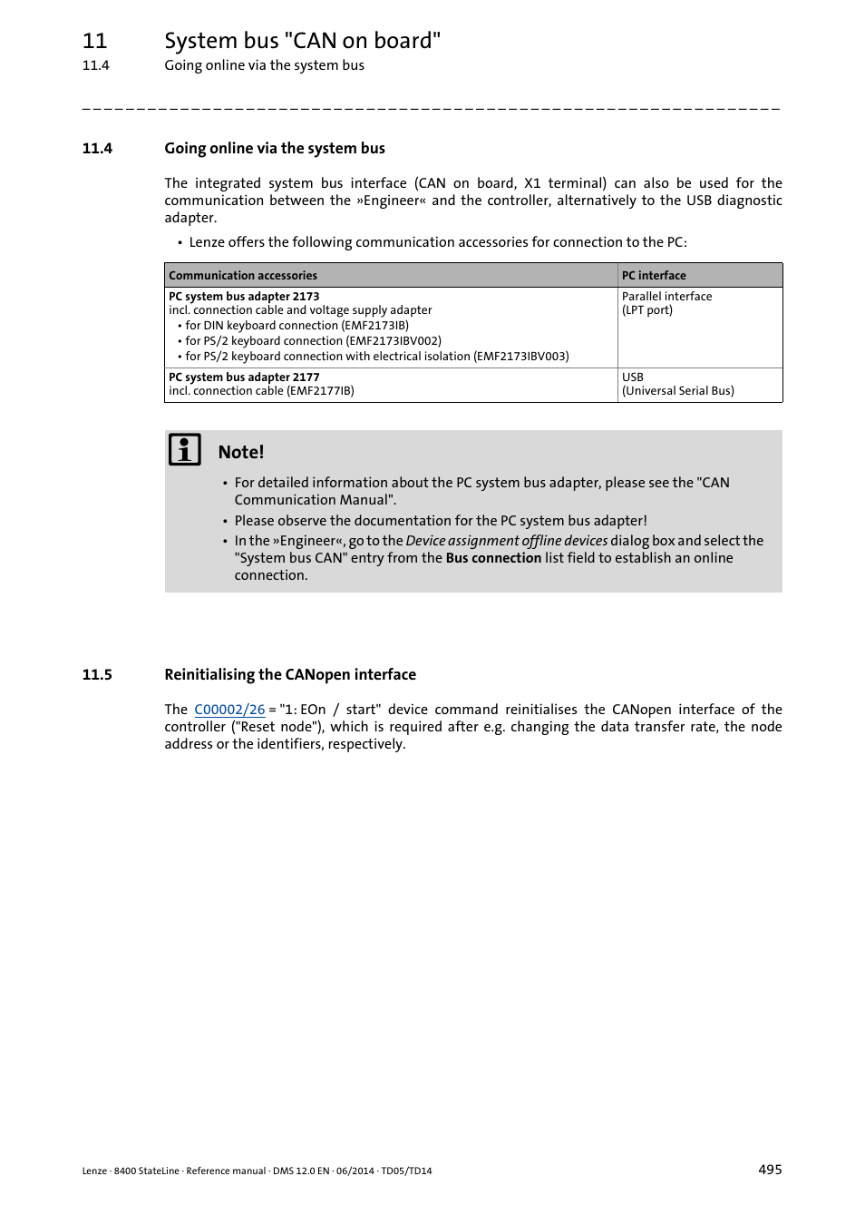 4 going online via the system bus, 5 reinitialising the canopen interface, Reinitialising the canopen interface | 11 system bus "can on board | Lenze 8400 StateLine User Manual | Page 495 / 1030