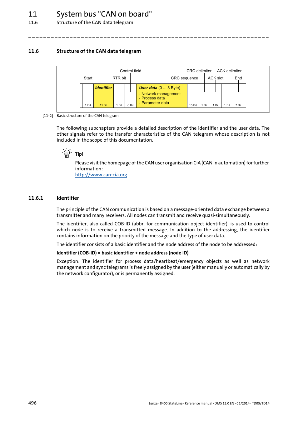 6 structure of the can data telegram, 1 identifier, Identifier | 11 system bus "can on board | Lenze 8400 StateLine User Manual | Page 496 / 1030