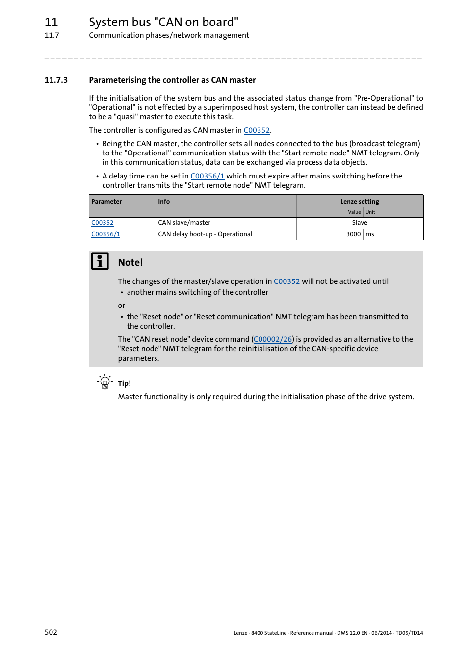 3 parameterising the controller as can master, Parameterising the controller as can master, 11 system bus "can on board | Lenze 8400 StateLine User Manual | Page 502 / 1030