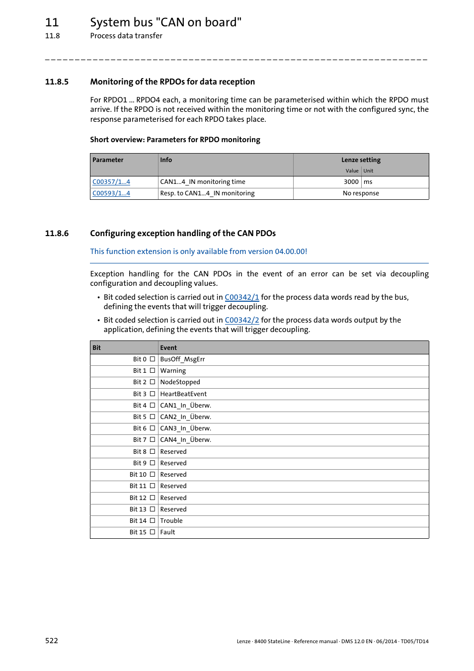 5 monitoring of the rpdos for data reception, 6 configuring exception handling of the can pdos, Monitoring of the rpdos for data reception | Configuring exception handling of the can pdos, 11 system bus "can on board | Lenze 8400 StateLine User Manual | Page 522 / 1030