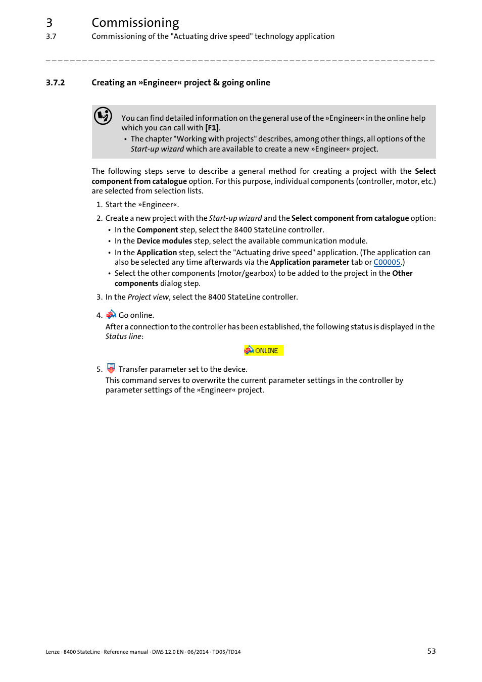 2 creating an »engineer« project & going online, Creating an »engineer« project & going online, 3commissioning | Lenze 8400 StateLine User Manual | Page 53 / 1030