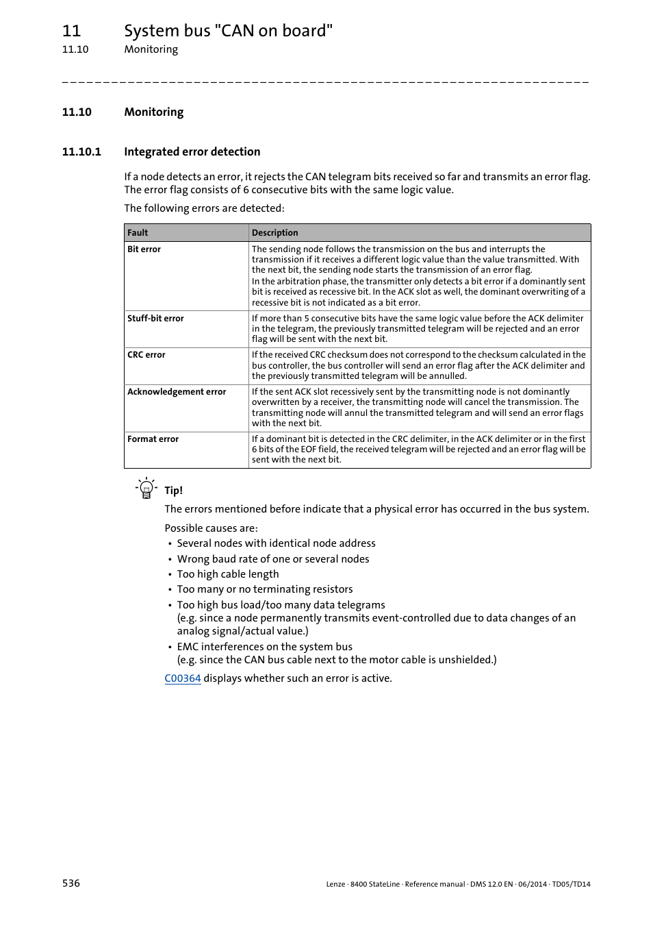 10 monitoring, 1 integrated error detection, 11 system bus "can on board | Lenze 8400 StateLine User Manual | Page 536 / 1030