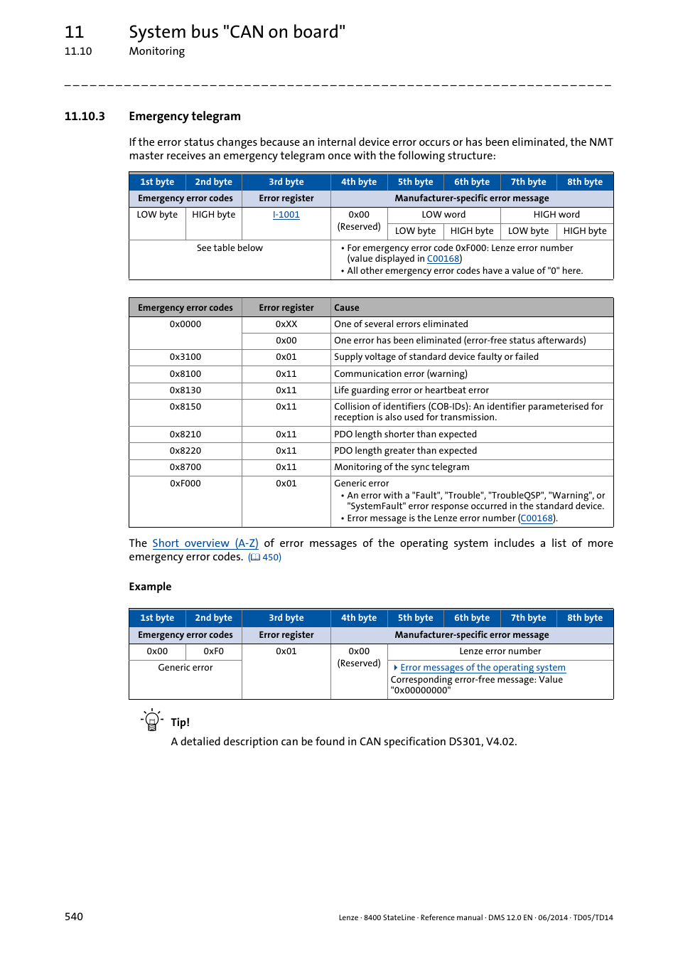 3 emergency telegram, 11 system bus "can on board | Lenze 8400 StateLine User Manual | Page 540 / 1030