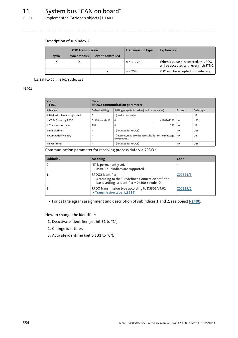 I-1401/1, I-1401, 11 system bus "can on board | Lenze 8400 StateLine User Manual | Page 554 / 1030