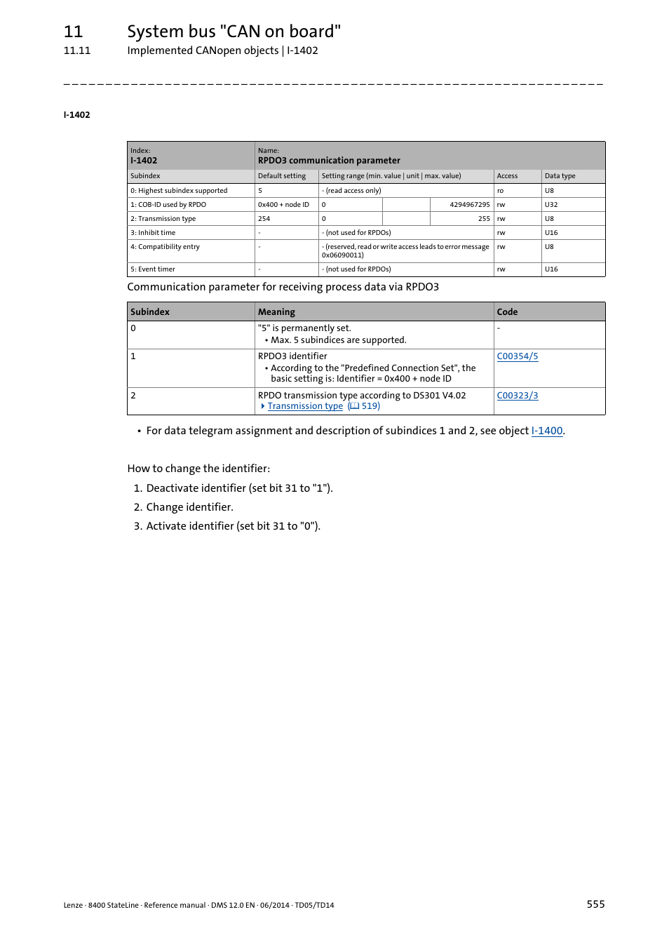 I-1402/1, I-1402, 11 system bus "can on board | Lenze 8400 StateLine User Manual | Page 555 / 1030