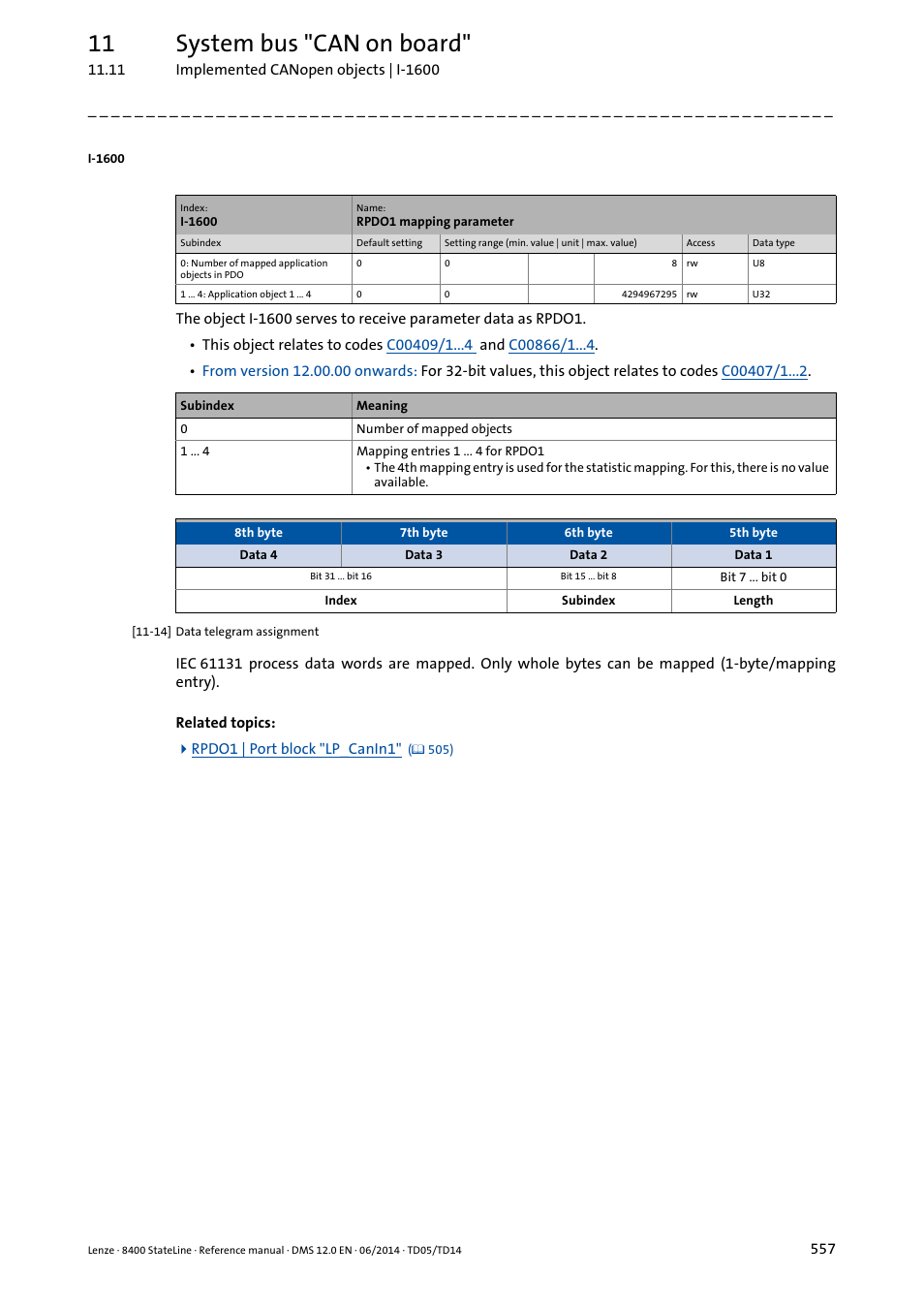 I-1600, 11 system bus "can on board | Lenze 8400 StateLine User Manual | Page 557 / 1030