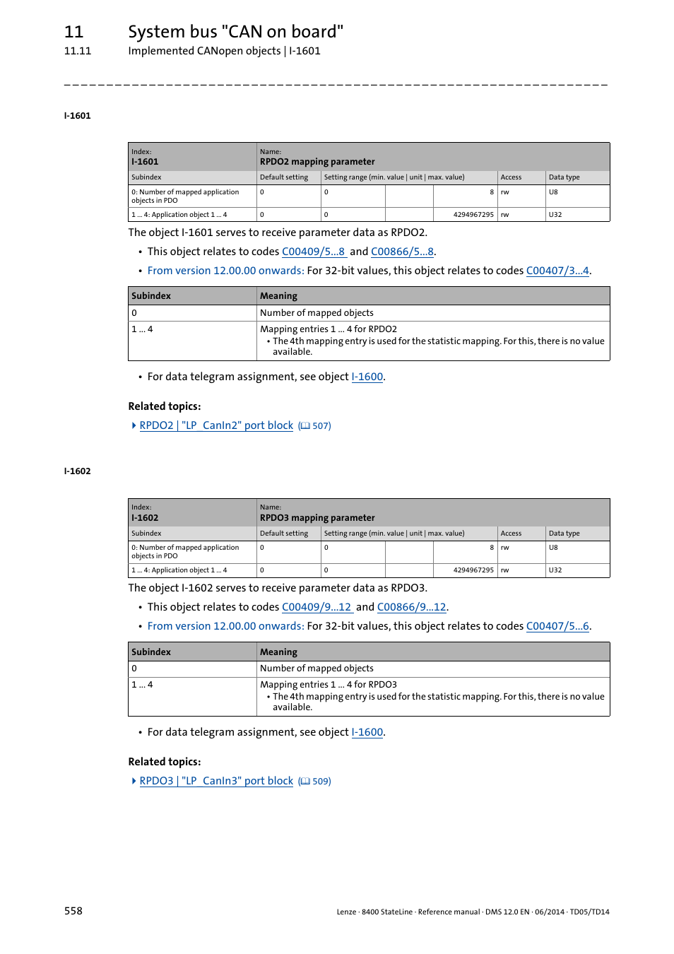 I-1601, I-1602, 11 system bus "can on board | Lenze 8400 StateLine User Manual | Page 558 / 1030