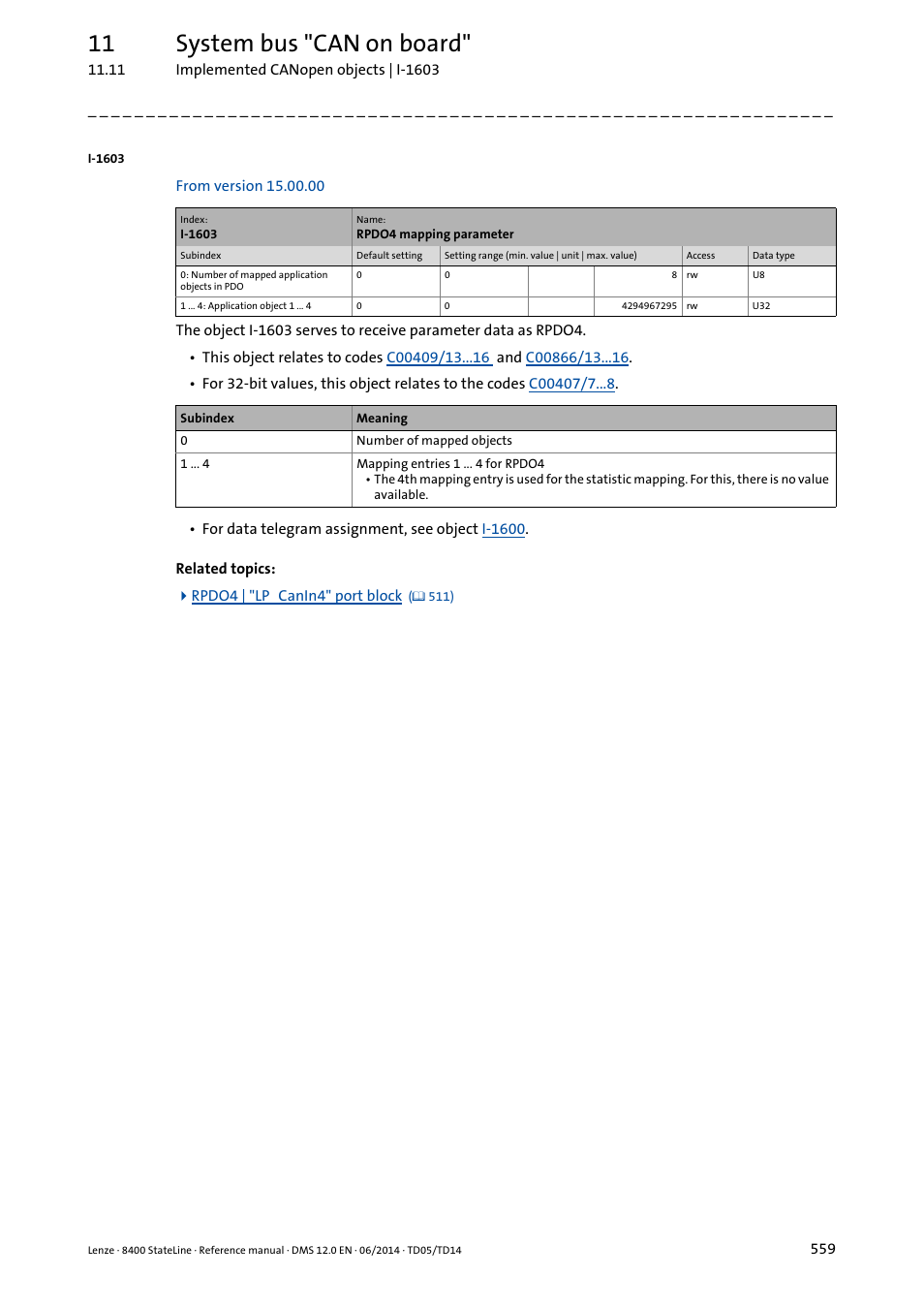 I-1603, 11 system bus "can on board | Lenze 8400 StateLine User Manual | Page 559 / 1030