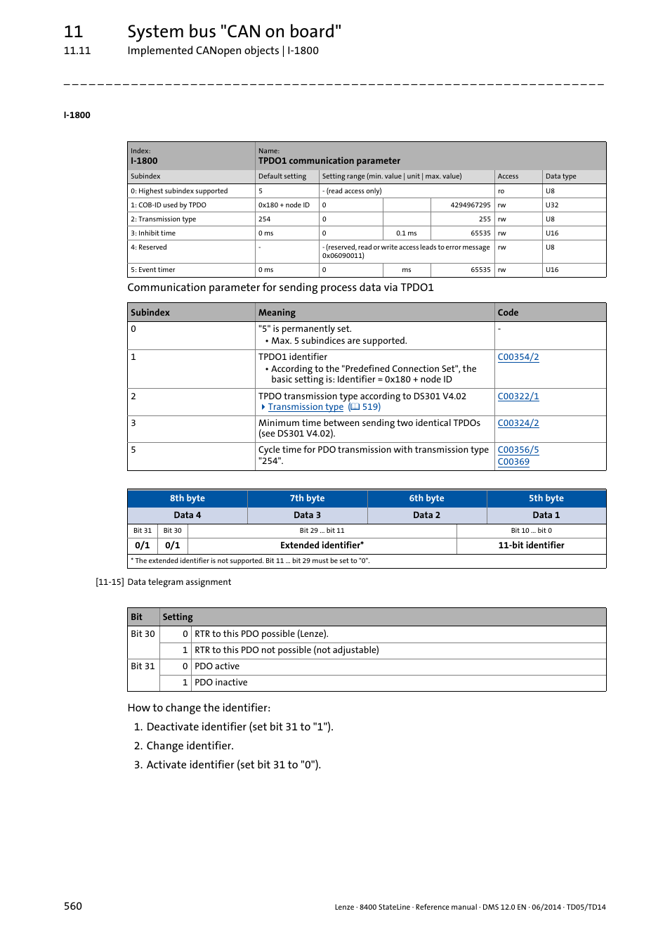 I-1800/1, I-1800, 11 system bus "can on board | Lenze 8400 StateLine User Manual | Page 560 / 1030