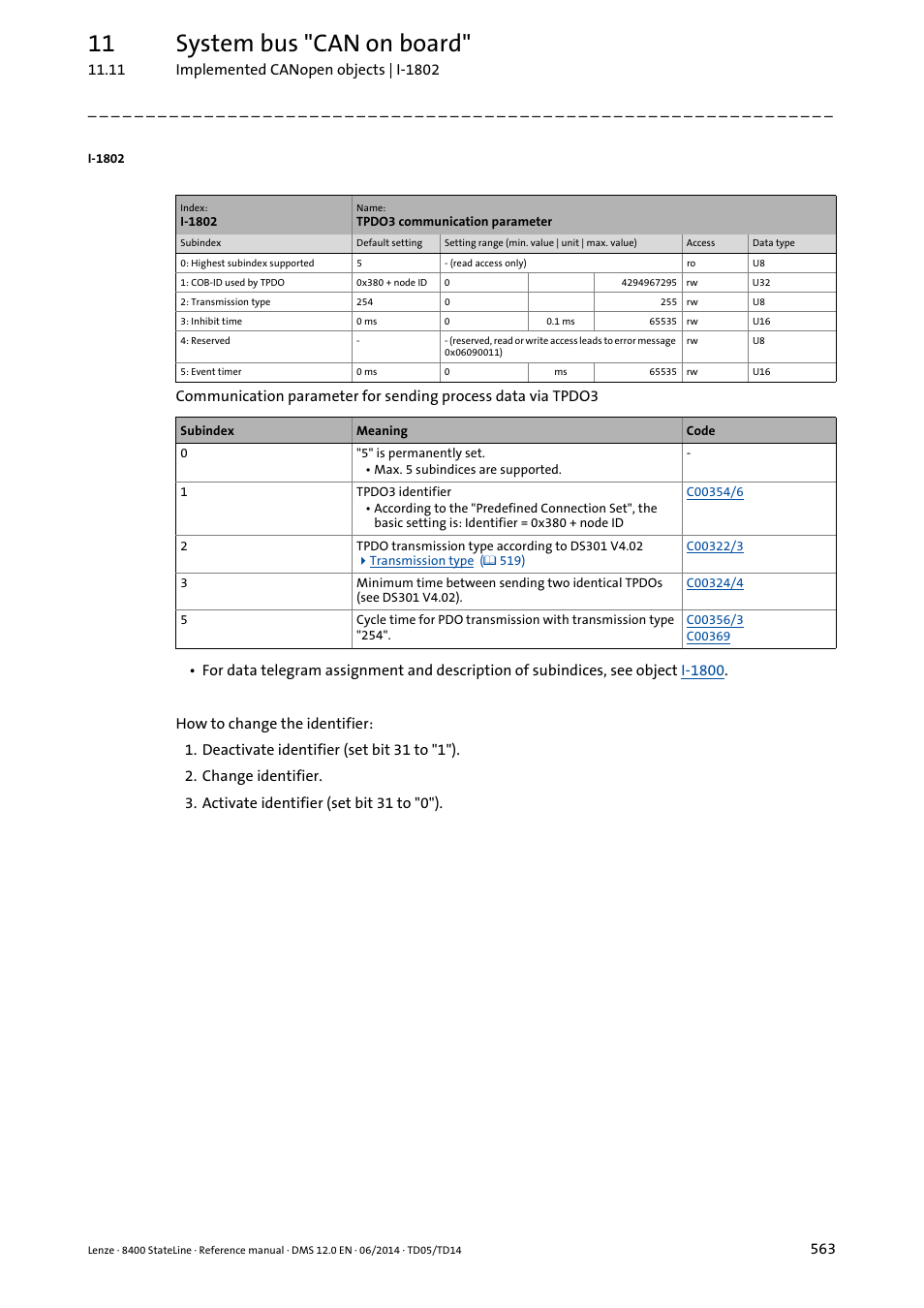 I-1802/1, I-1802, 11 system bus "can on board | Lenze 8400 StateLine User Manual | Page 563 / 1030