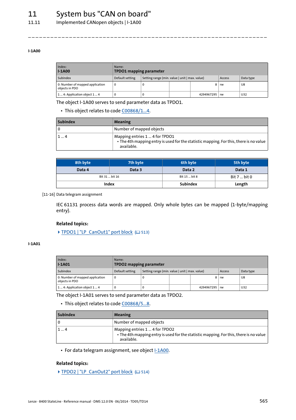 I-1a00, I-1a01, 11 system bus "can on board | Lenze 8400 StateLine User Manual | Page 565 / 1030