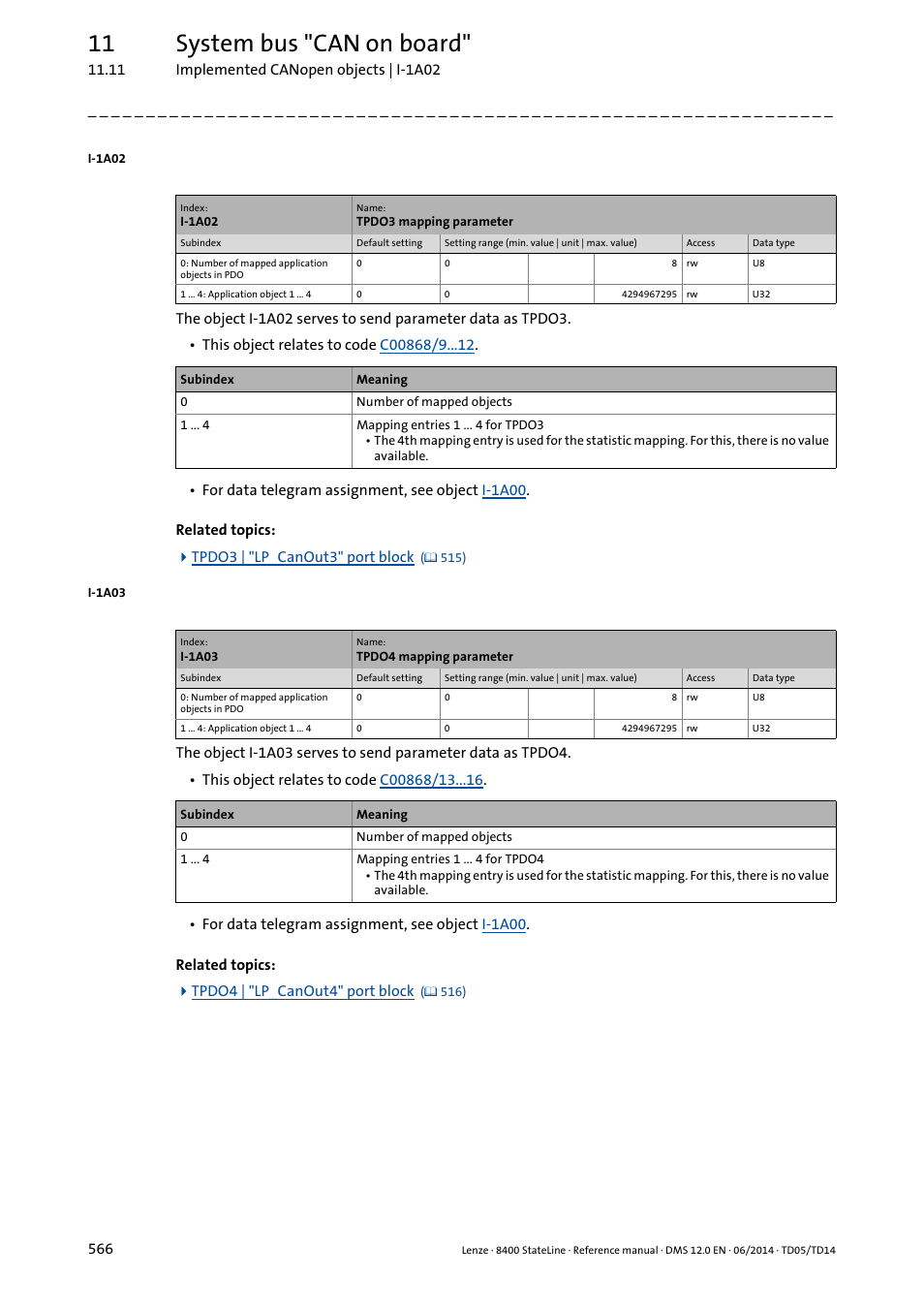 I-1a02, I-1a03, 11 system bus "can on board | Lenze 8400 StateLine User Manual | Page 566 / 1030