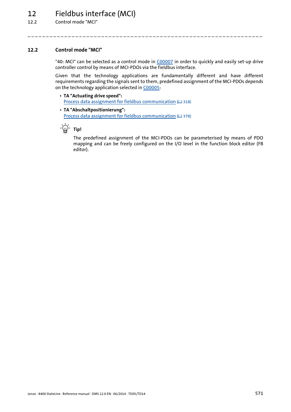 2 control mode "mci, 12 fieldbus interface (mci) | Lenze 8400 StateLine User Manual | Page 571 / 1030