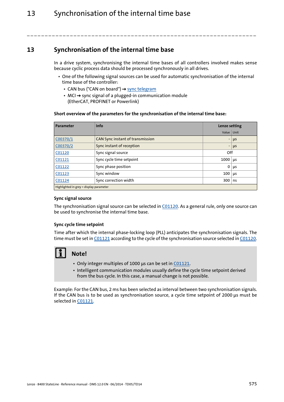 13 synchronisation of the internal time base, Synchronisation of the internal time base | Lenze 8400 StateLine User Manual | Page 575 / 1030