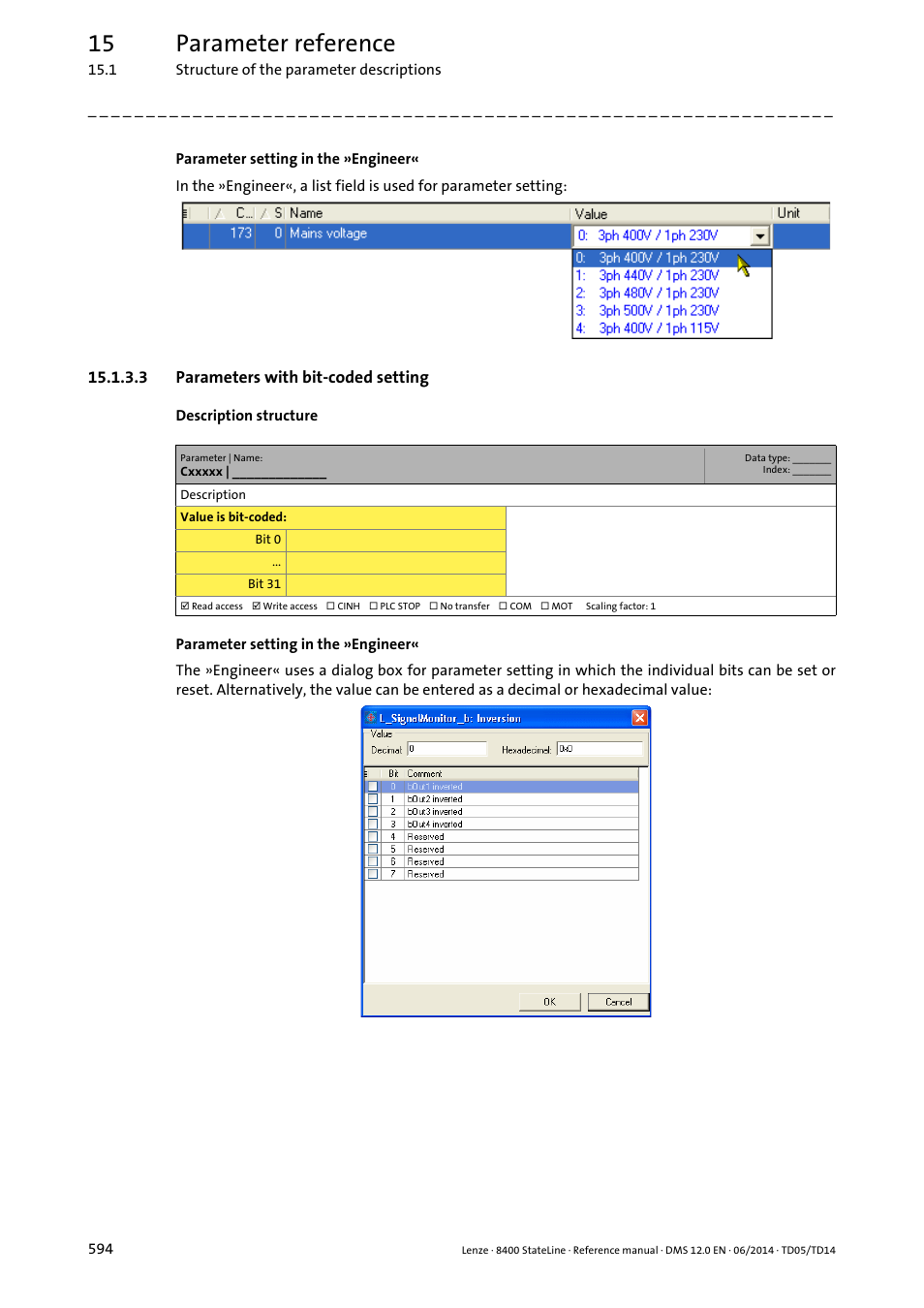 3 parameters with bit-coded setting, Parameters with bit-coded setting, 15 parameter reference | Lenze 8400 StateLine User Manual | Page 594 / 1030