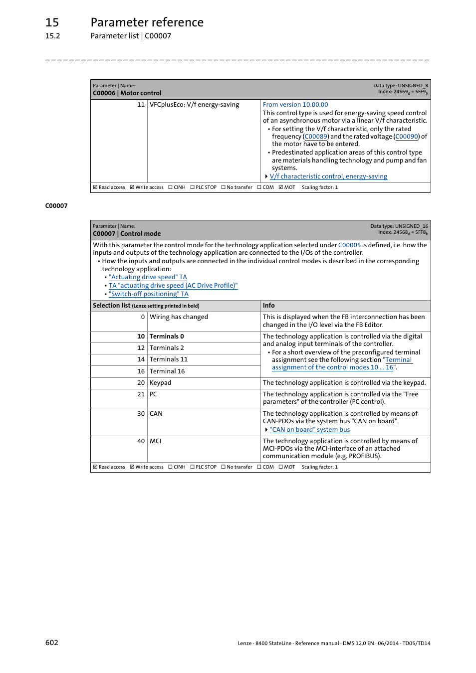 C00007 | control mode, C00007, De in | Ntrol mode in, 15 parameter reference | Lenze 8400 StateLine User Manual | Page 602 / 1030