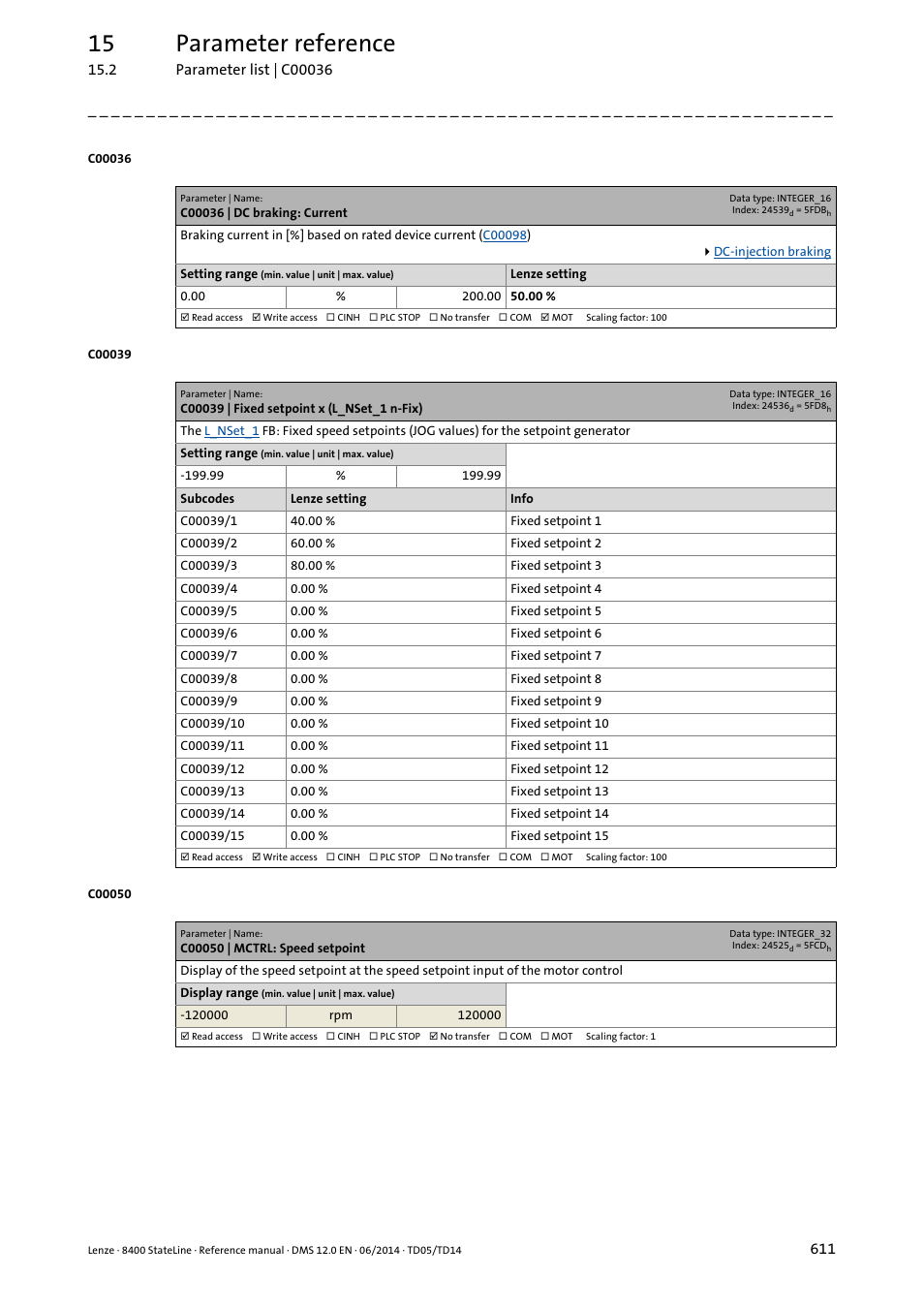 C00036 | dc braking: current, C00039 | fixed setpoint x (l_nset_1 n-fix), C00050 | mctrl: speed setpoint | C00039/1, C00039/2, C00039/3, Is used, C00050, C00036, Meterised in | Lenze 8400 StateLine User Manual | Page 611 / 1030