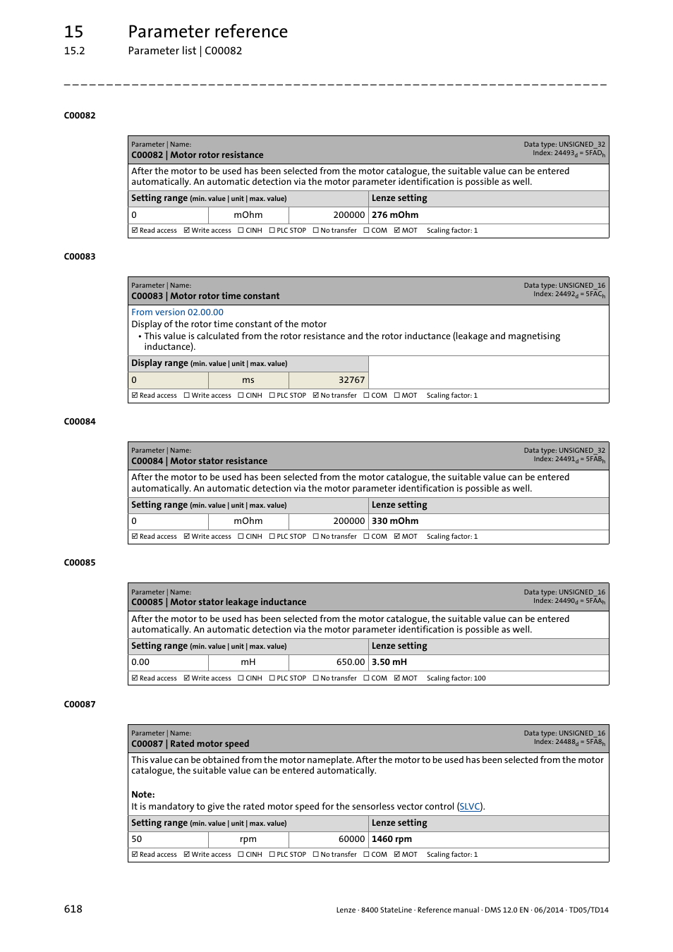 C00082 | motor rotor resistance, C00083 | motor rotor time constant, C00084 | motor stator resistance | C00085 | motor stator leakage inductance, C00087 | rated motor speed, C00087, Rate, Which, C00084, C00085 | Lenze 8400 StateLine User Manual | Page 618 / 1030