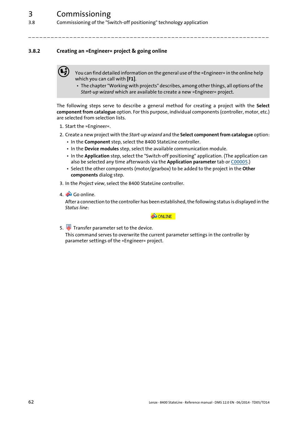 2 creating an »engineer« project & going online, Creating an »engineer« project & going online, 3commissioning | Lenze 8400 StateLine User Manual | Page 62 / 1030