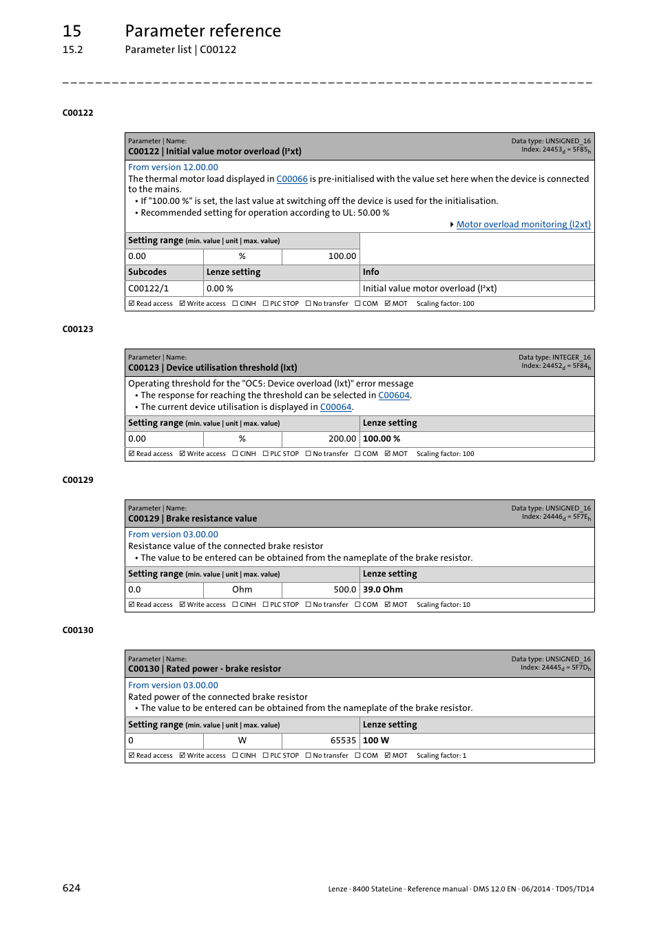 C00122 | initial value motor overload (i·xt), C00123 | device utilisation threshold (ixt), C00129 | brake resistance value | C00130 | rated power - brake resistor, C00123, C00129, C00130, C00122, Ce parameterised in, 15 parameter reference | Lenze 8400 StateLine User Manual | Page 624 / 1030