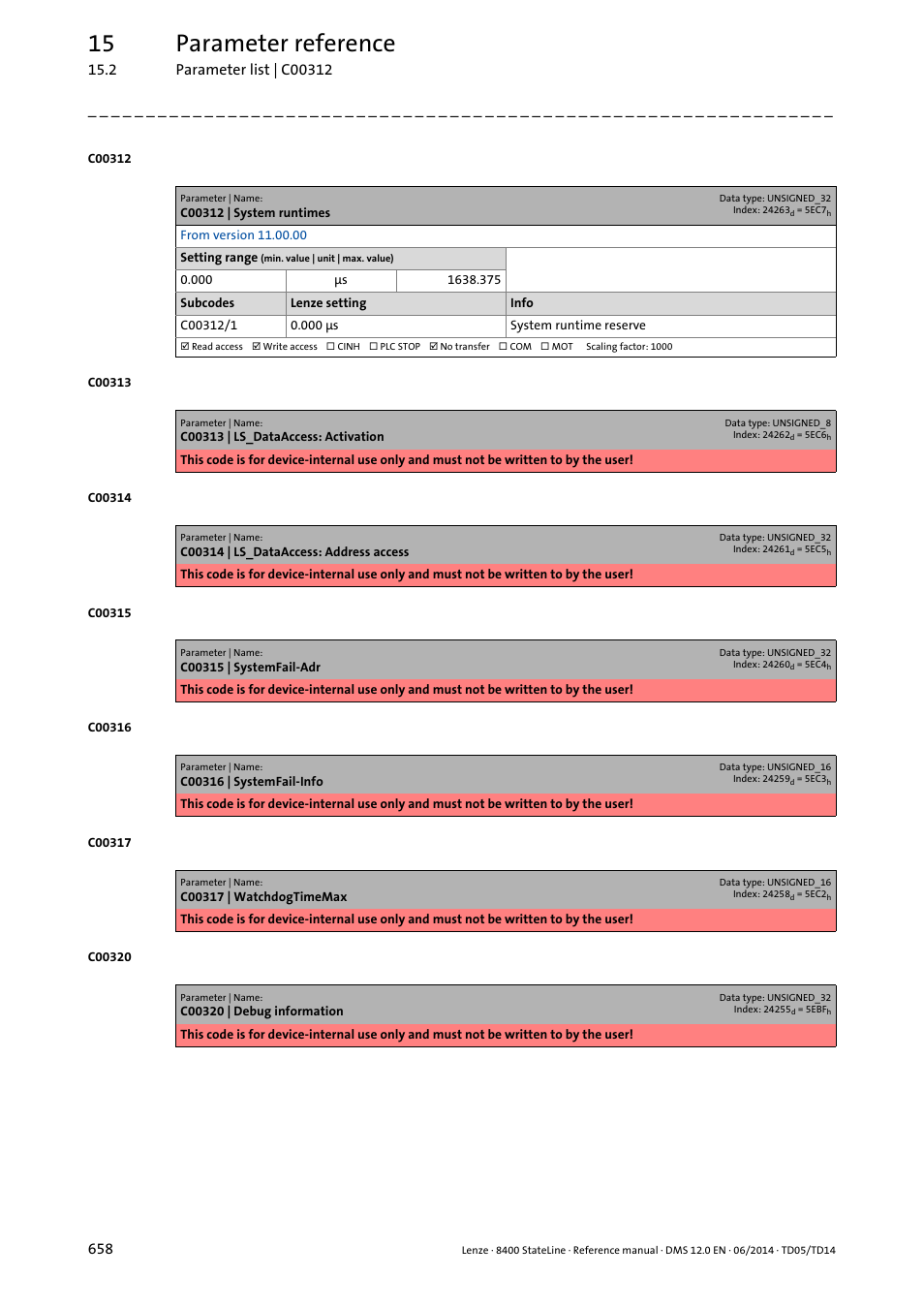 C00312 | system runtimes, 15 parameter reference | Lenze 8400 StateLine User Manual | Page 658 / 1030