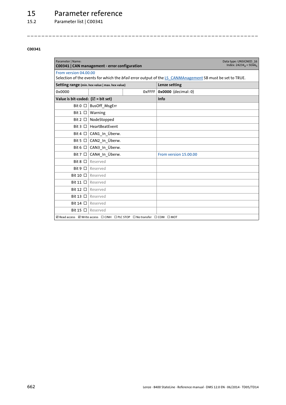 C00341 | can management - error configuration, N in, C00341 | 15 parameter reference | Lenze 8400 StateLine User Manual | Page 662 / 1030