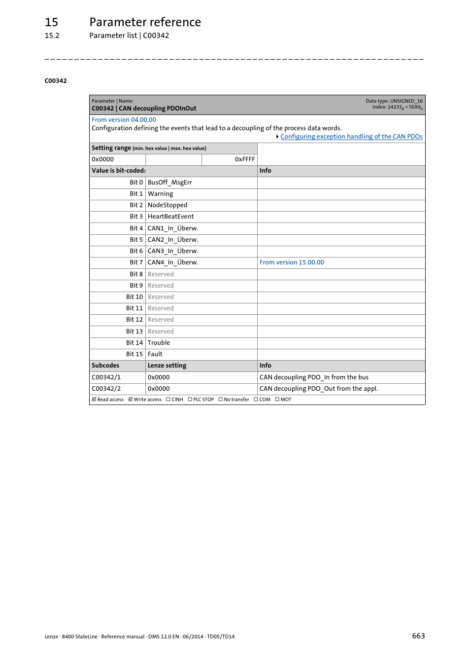 C00342 | can decoupling pdoinout, C00342/1, C00342/2 | 15 parameter reference | Lenze 8400 StateLine User Manual | Page 663 / 1030