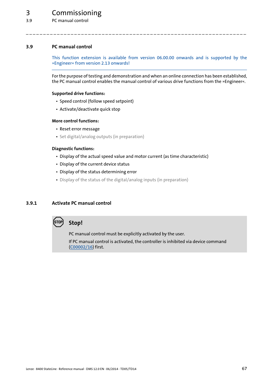 9 pc manual control, 1 activate pc manual control, Pc manual control | Activate pc manual control, 3commissioning | Lenze 8400 StateLine User Manual | Page 67 / 1030