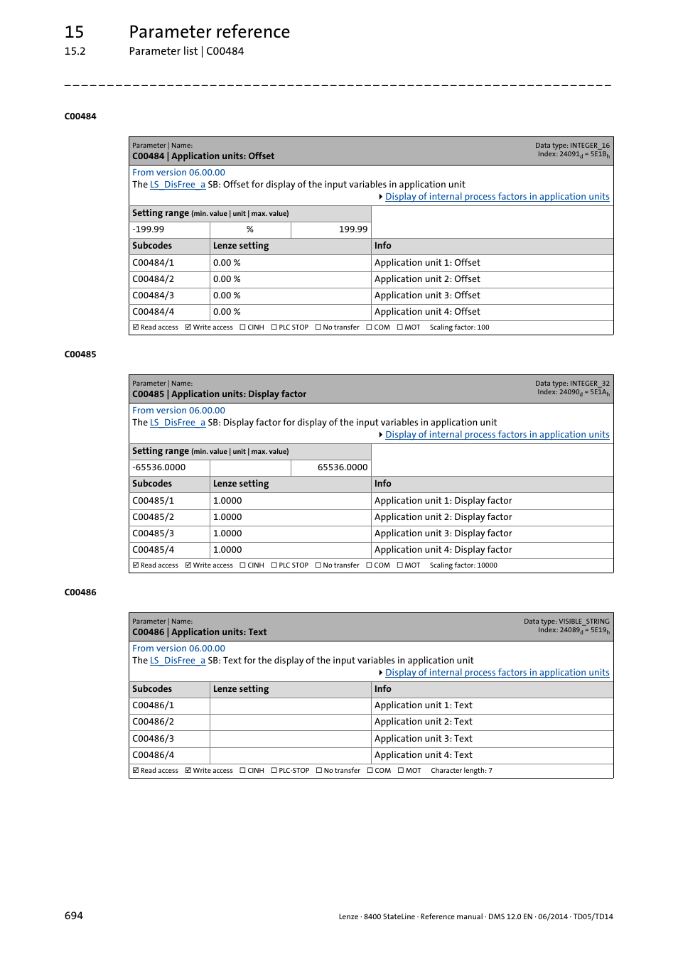 C00484 | application units: offset, C00485 | application units: display factor, C00486 | application units: text | 15 parameter reference | Lenze 8400 StateLine User Manual | Page 694 / 1030