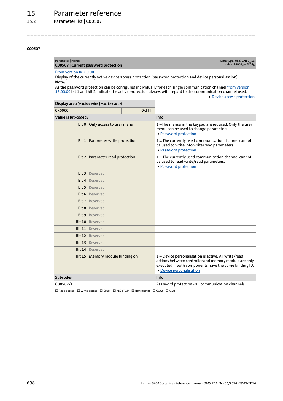 C00507 | current password protection, C00507/1, 15 parameter reference | Lenze 8400 StateLine User Manual | Page 698 / 1030