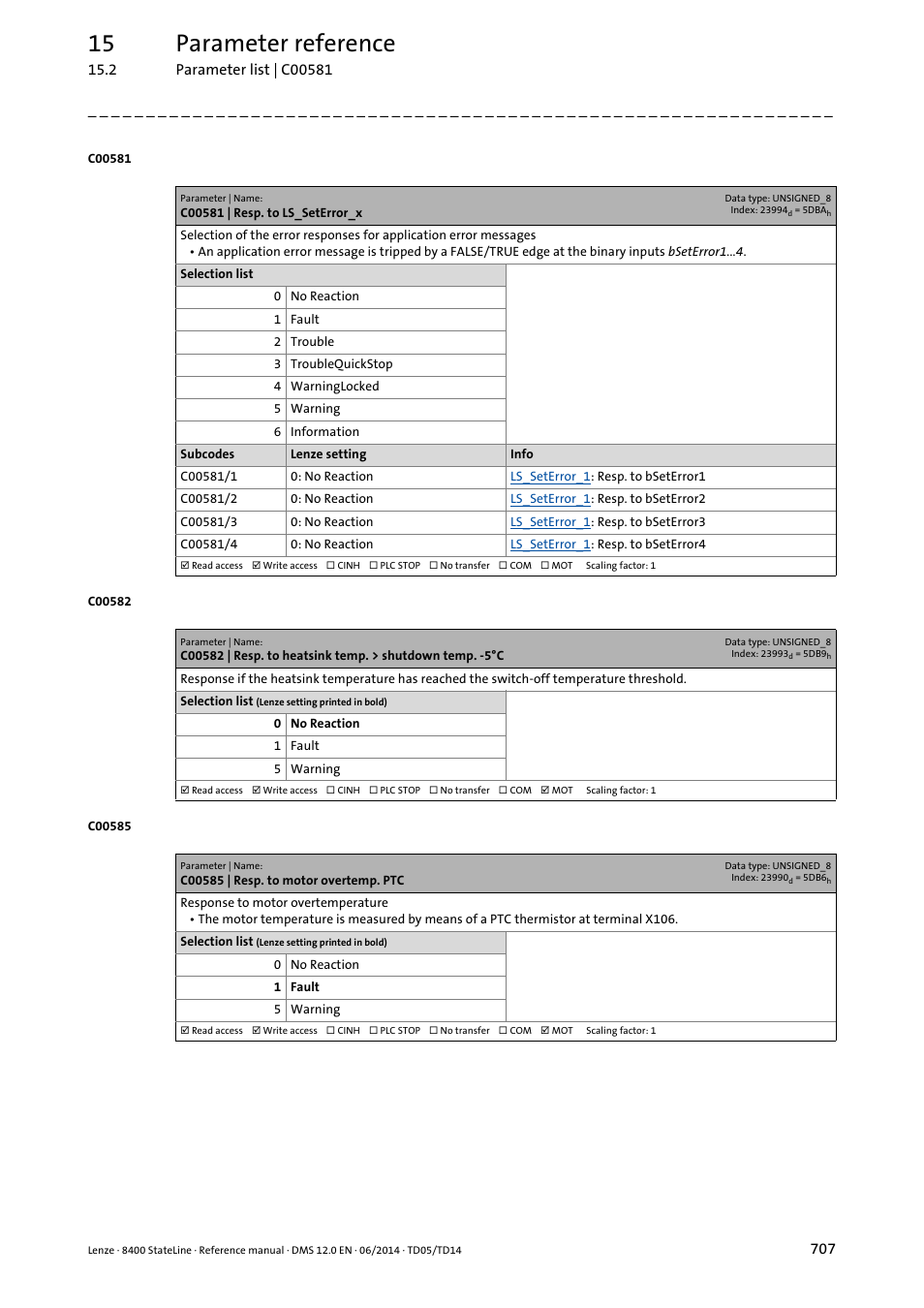 C00581 | resp. to ls_seterror_x, C00585 | resp. to motor overtemp. ptc, C00585 | Is activated, Tting, Fault"), mo, C00582, In the lenze setting, no, C00581/1, C00581/2 | Lenze 8400 StateLine User Manual | Page 707 / 1030