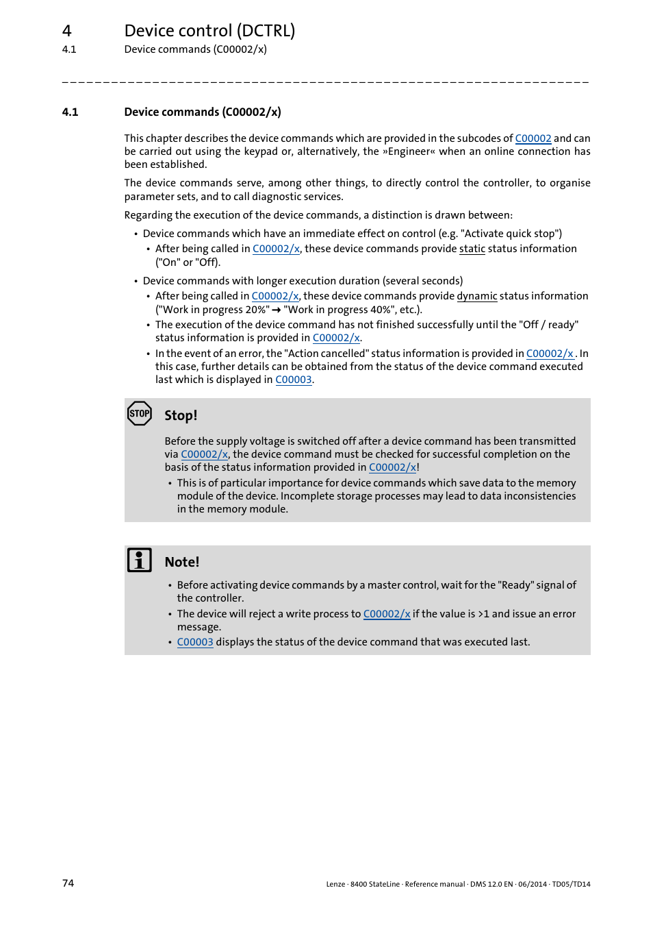 1 device commands (c00002/x), Device commands (c00002/x), 4device control (dctrl) | Lenze 8400 StateLine User Manual | Page 74 / 1030