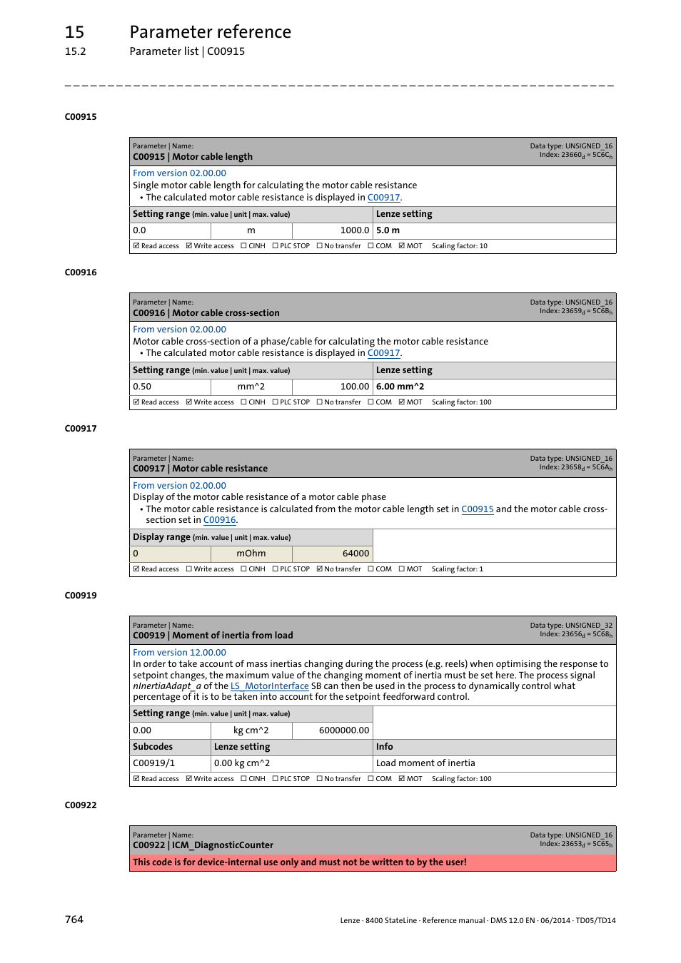 C00915 | motor cable length, C00916 | motor cable cross-section, C00917 | motor cable resistance | C00919 | moment of inertia from load, C00919/1, C00917, C00915, C00916, Set th, Whic | Lenze 8400 StateLine User Manual | Page 764 / 1030