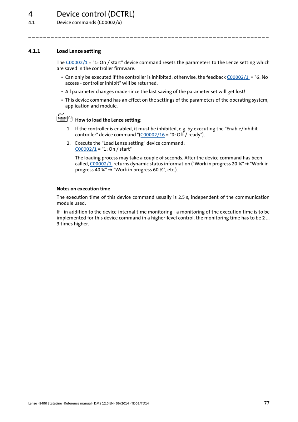 1 load lenze setting, Load lenze setting, 4device control (dctrl) | Lenze 8400 StateLine User Manual | Page 77 / 1030