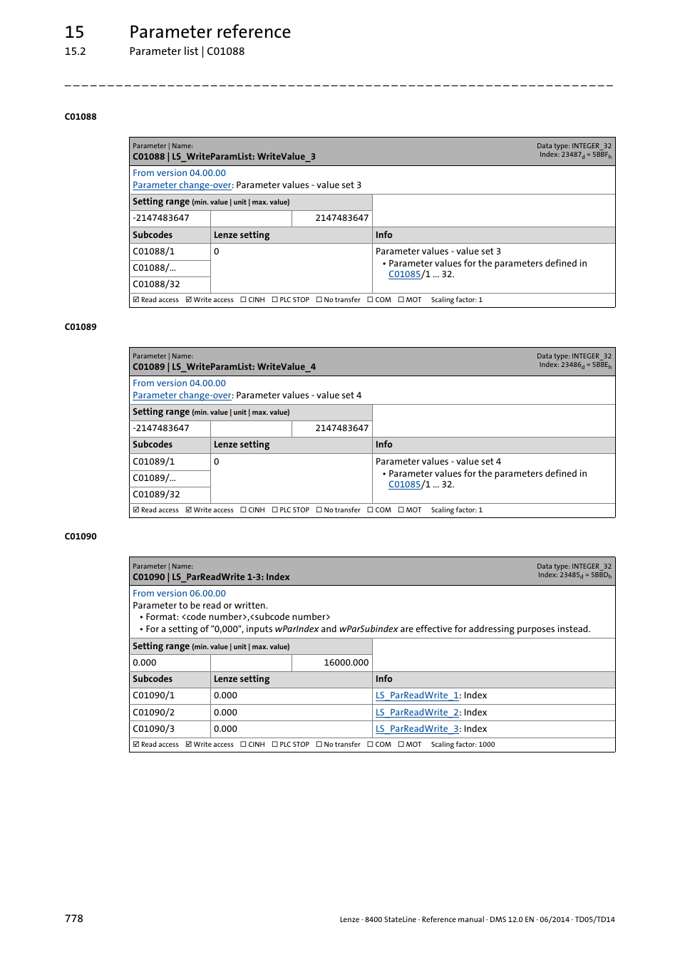 C01088 | ls_writeparamlist: writevalue_3, C01089 | ls_writeparamlist: writevalue_4, C01090 | ls_parreadwrite 1-3: index | C01089/1 ... n, 15 parameter reference | Lenze 8400 StateLine User Manual | Page 778 / 1030