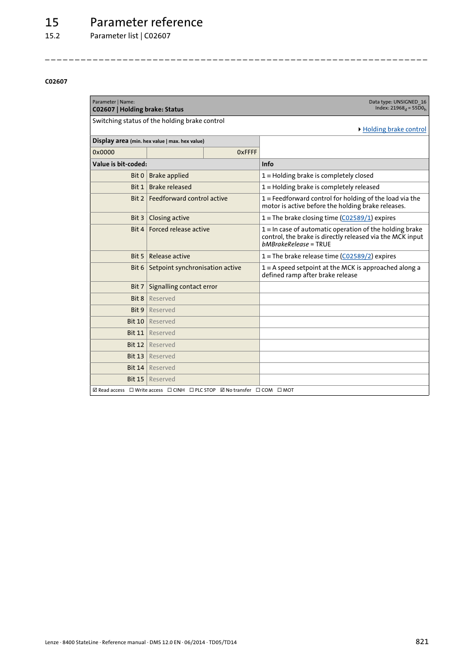 C02607 | holding brake: status, C02607, 15 parameter reference | Lenze 8400 StateLine User Manual | Page 821 / 1030