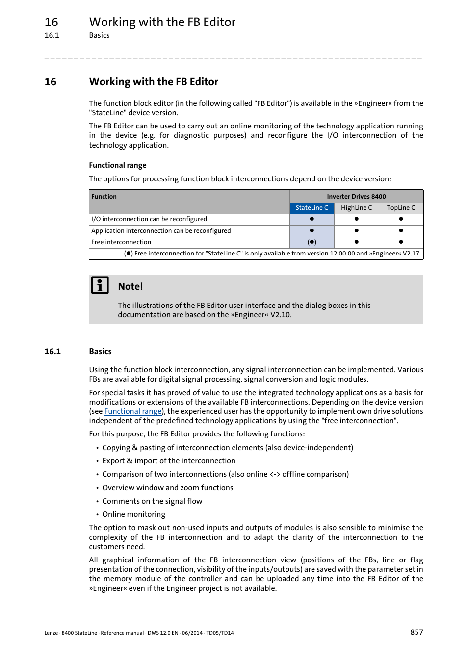 16 working with the fb editor, 1 basics, Working with the fb editor | Lenze 8400 StateLine User Manual | Page 857 / 1030