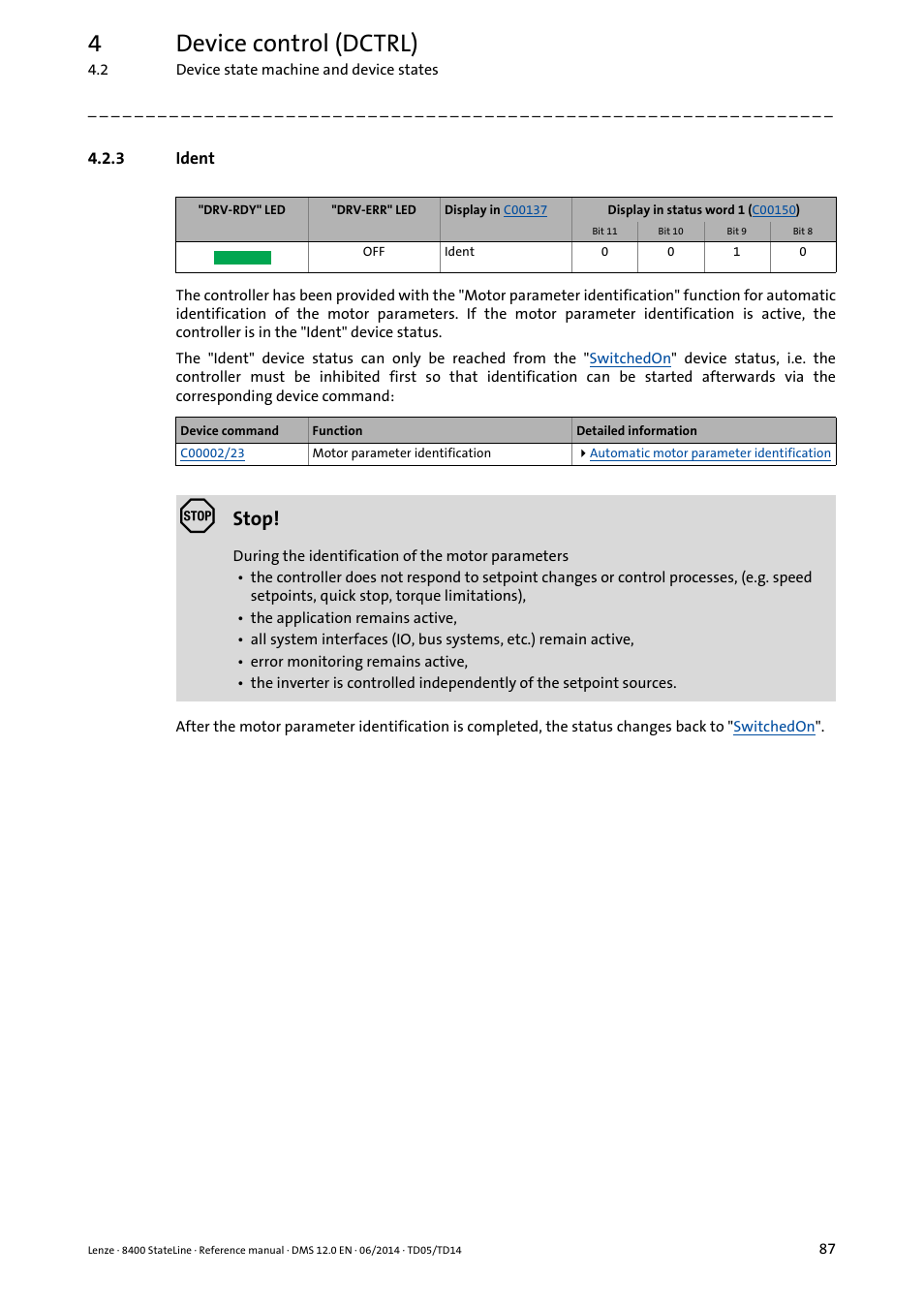 3 ident, Ident, 4device control (dctrl) | Stop | Lenze 8400 StateLine User Manual | Page 87 / 1030