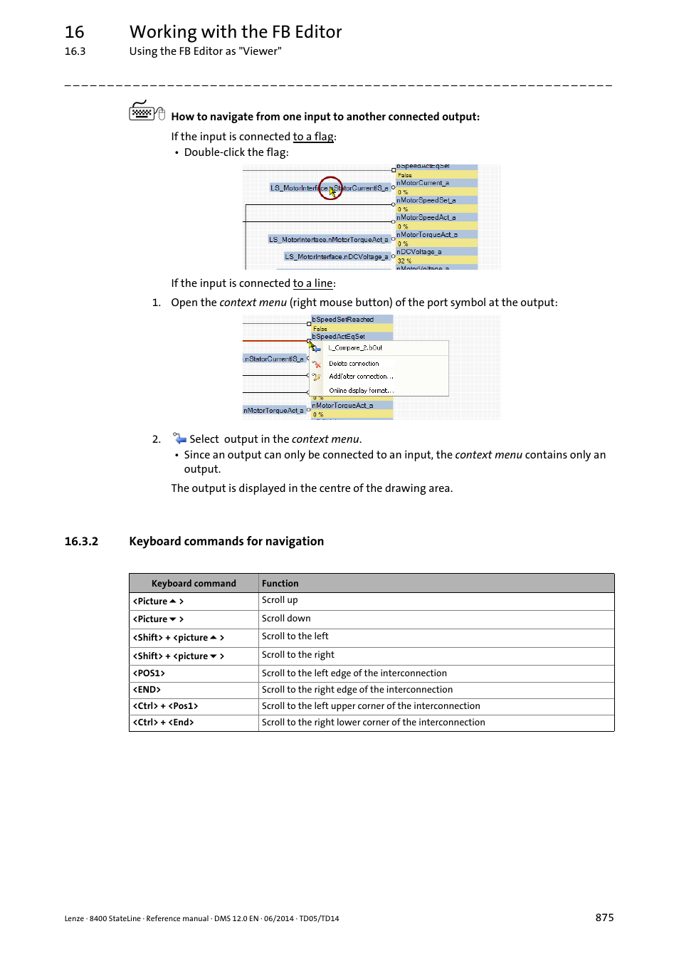 2 keyboard commands for navigation, Keyboard commands for navigation, 16 working with the fb editor | Lenze 8400 StateLine User Manual | Page 875 / 1030