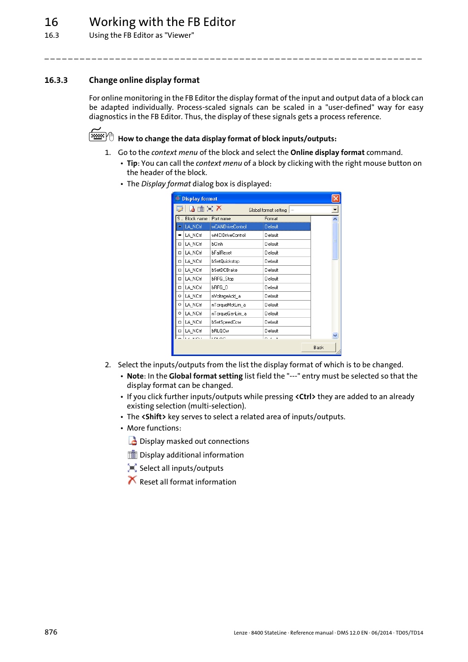 3 change online display format, Change online display format, 16 working with the fb editor | Lenze 8400 StateLine User Manual | Page 876 / 1030