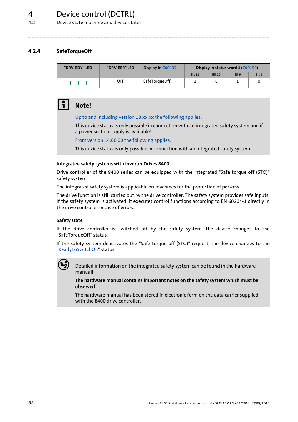 4 safetorqueoff, Safetorqueoff, 4device control (dctrl) | Lenze 8400 StateLine User Manual | Page 88 / 1030