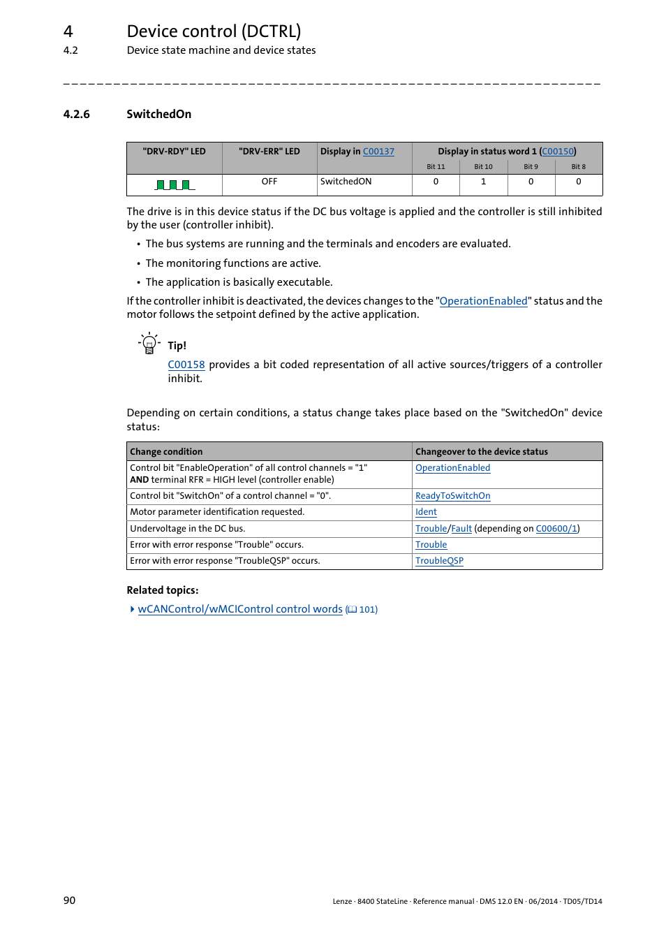 6 switchedon, Switchedon, Stat | 4device control (dctrl) | Lenze 8400 StateLine User Manual | Page 90 / 1030