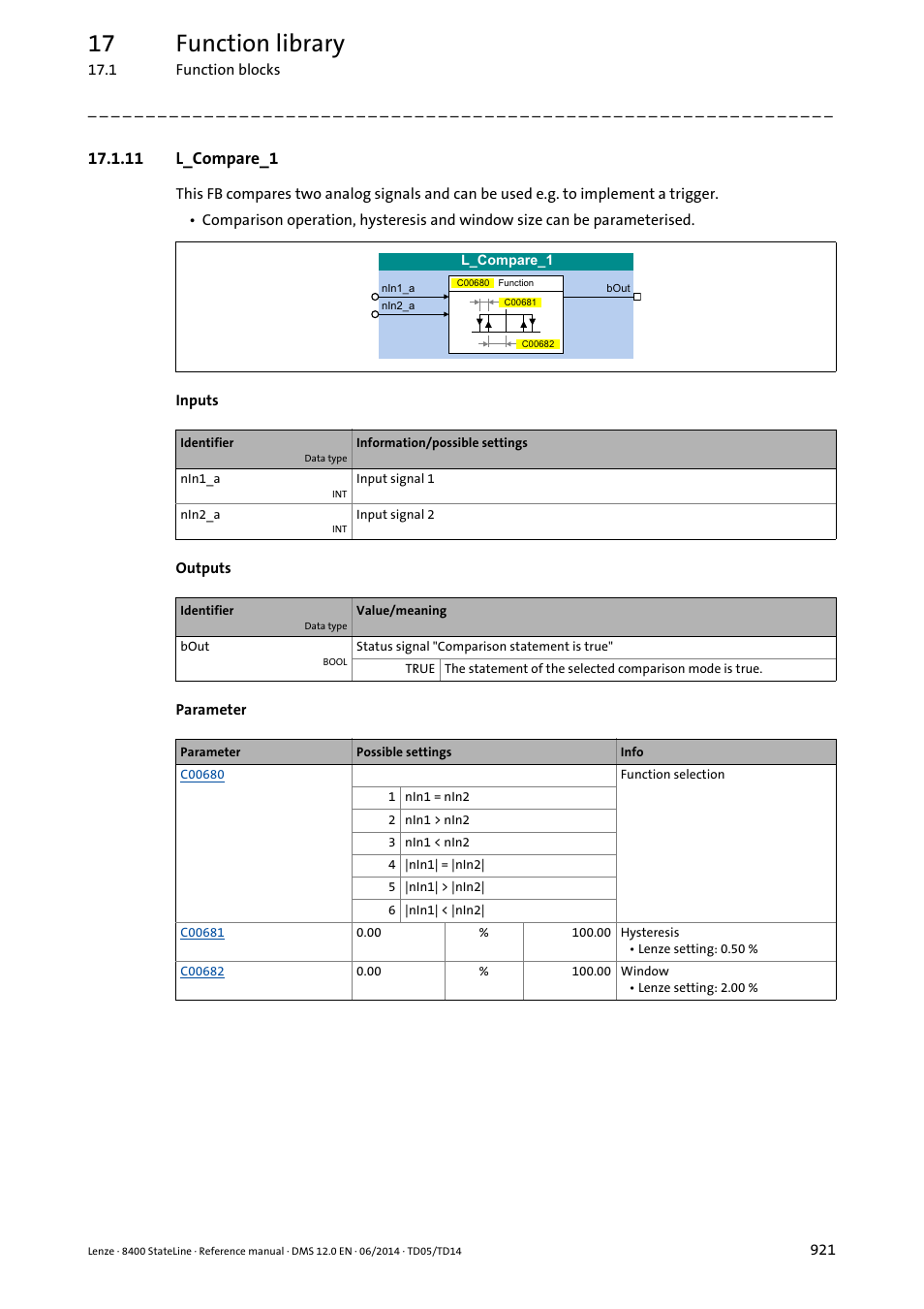 11 l_compare_1, L_compare, L_compare_1 | 17 function library | Lenze 8400 StateLine User Manual | Page 921 / 1030