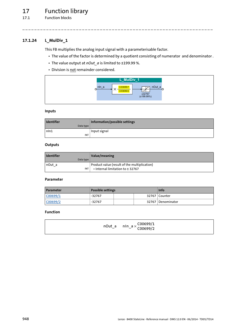 24 l_muldiv_1, L_muldiv, L_muldiv_1 | 17 function library | Lenze 8400 StateLine User Manual | Page 948 / 1030