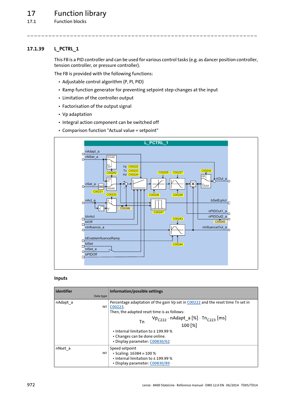 39 l_pctrl_1, E the, L_pctrl_1 | Block, L_pctrl, 17 function library | Lenze 8400 StateLine User Manual | Page 972 / 1030