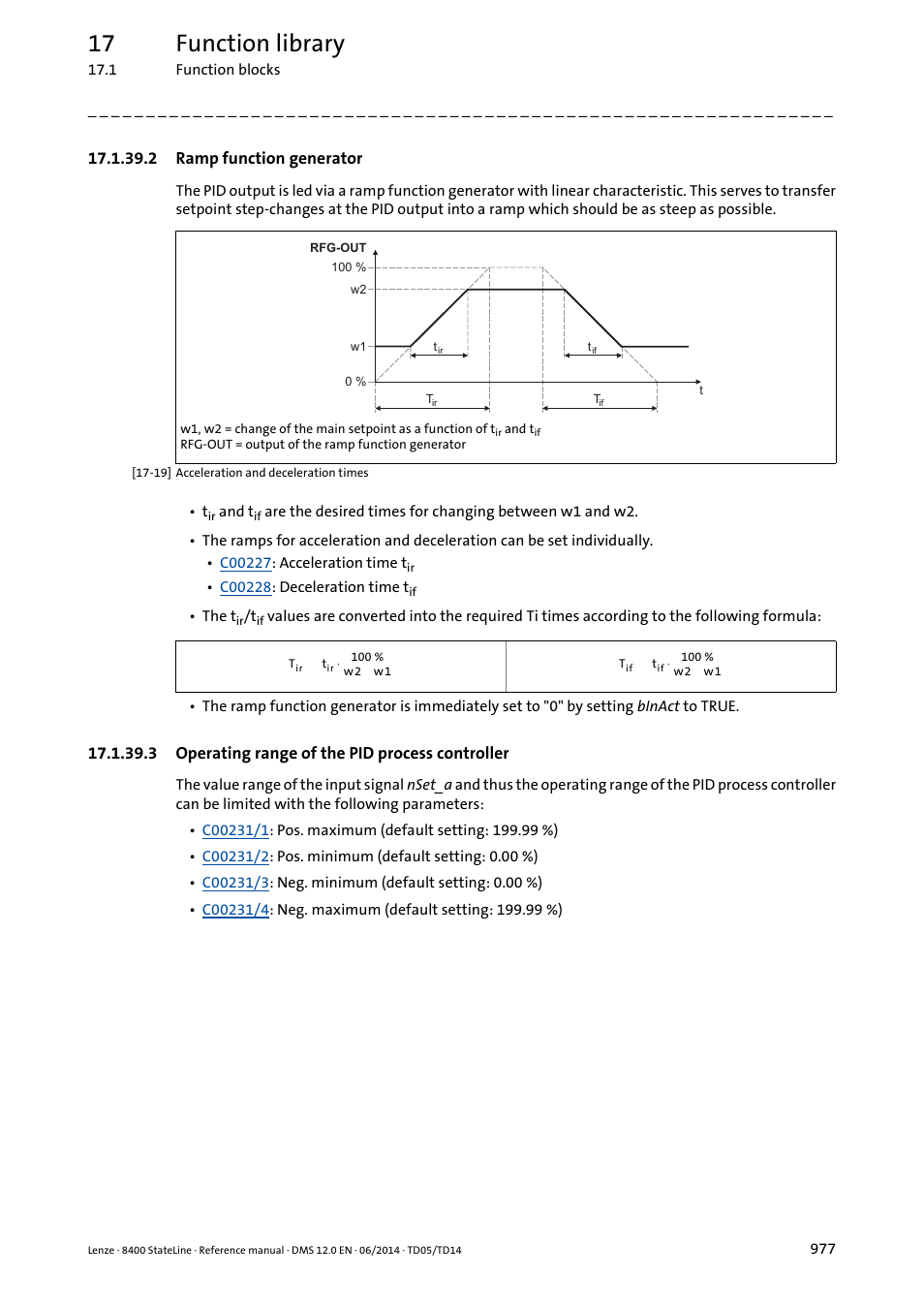 2 ramp function generator, 3 operating range of the pid process controller, Ramp function generator | Operating range of the pid process controller, 17 function library | Lenze 8400 StateLine User Manual | Page 977 / 1030