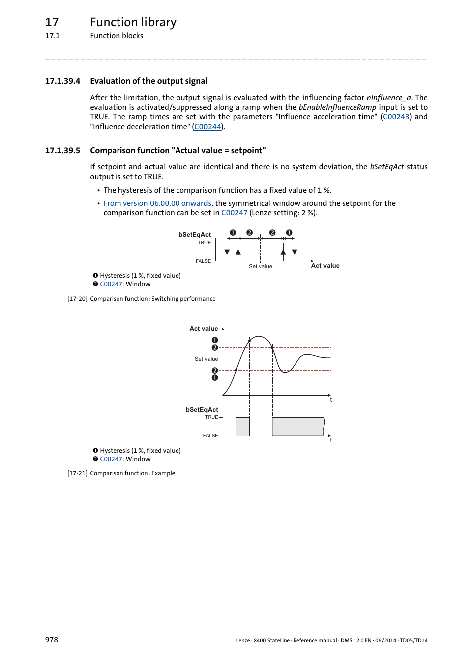 4 evaluation of the output signal, 5 comparison function "actual value = setpoint, Evaluation of the output signal | Comparison function "actual value = setpoint, 17 function library | Lenze 8400 StateLine User Manual | Page 978 / 1030