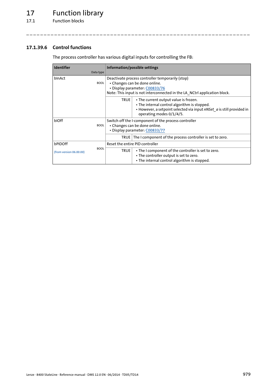 6 control functions, Control functions, 17 function library | Lenze 8400 StateLine User Manual | Page 979 / 1030