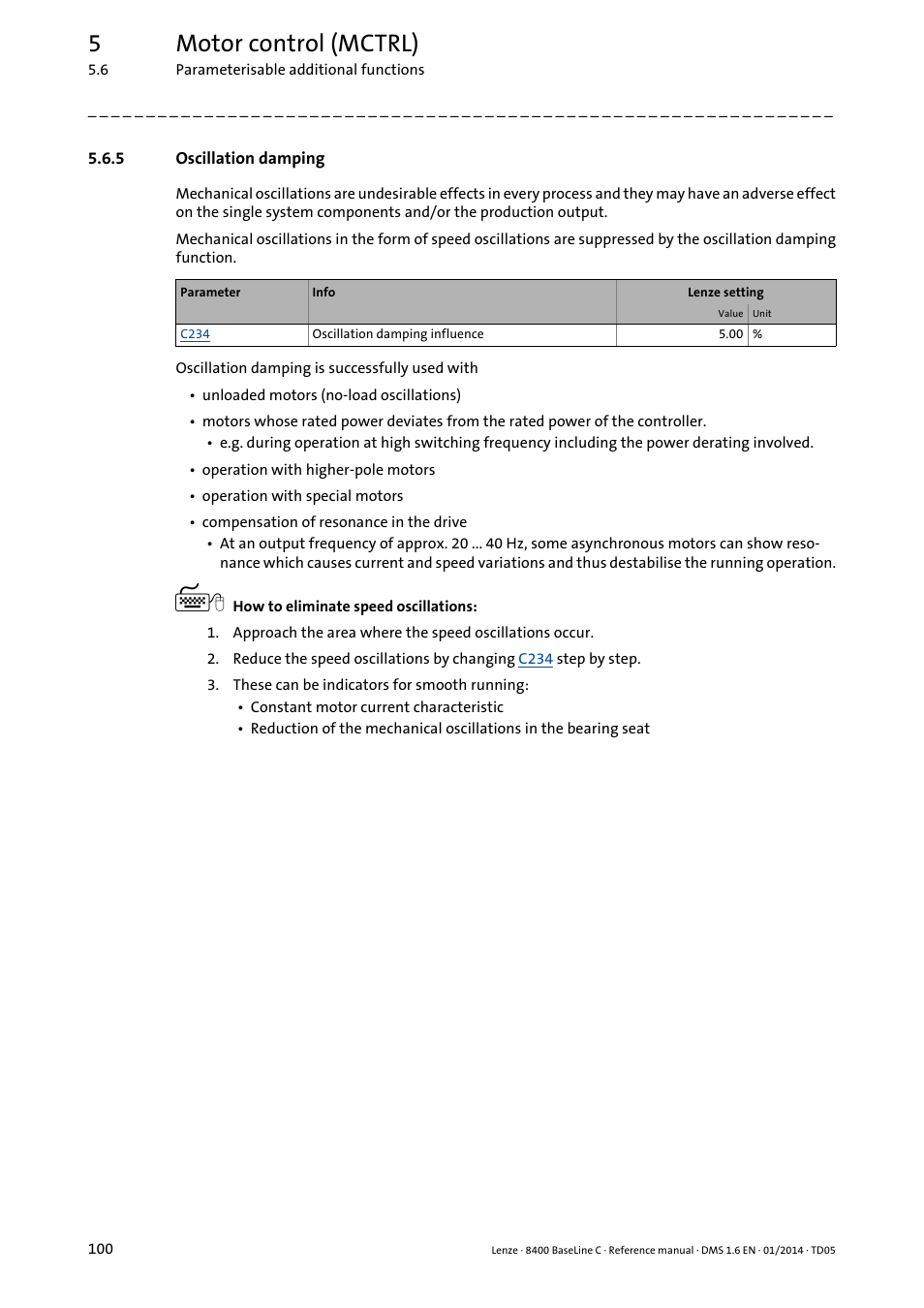 5 oscillation damping, Oscillation damping, 5motor control (mctrl) | Lenze 8400 BaseLine C User Manual | Page 100 / 342