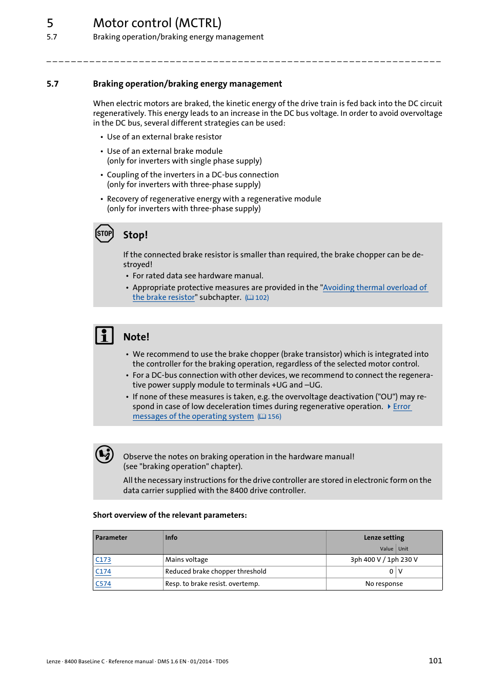 7 braking operation/braking energy management, Braking operation/braking energy management, 5motor control (mctrl) | Stop | Lenze 8400 BaseLine C User Manual | Page 101 / 342